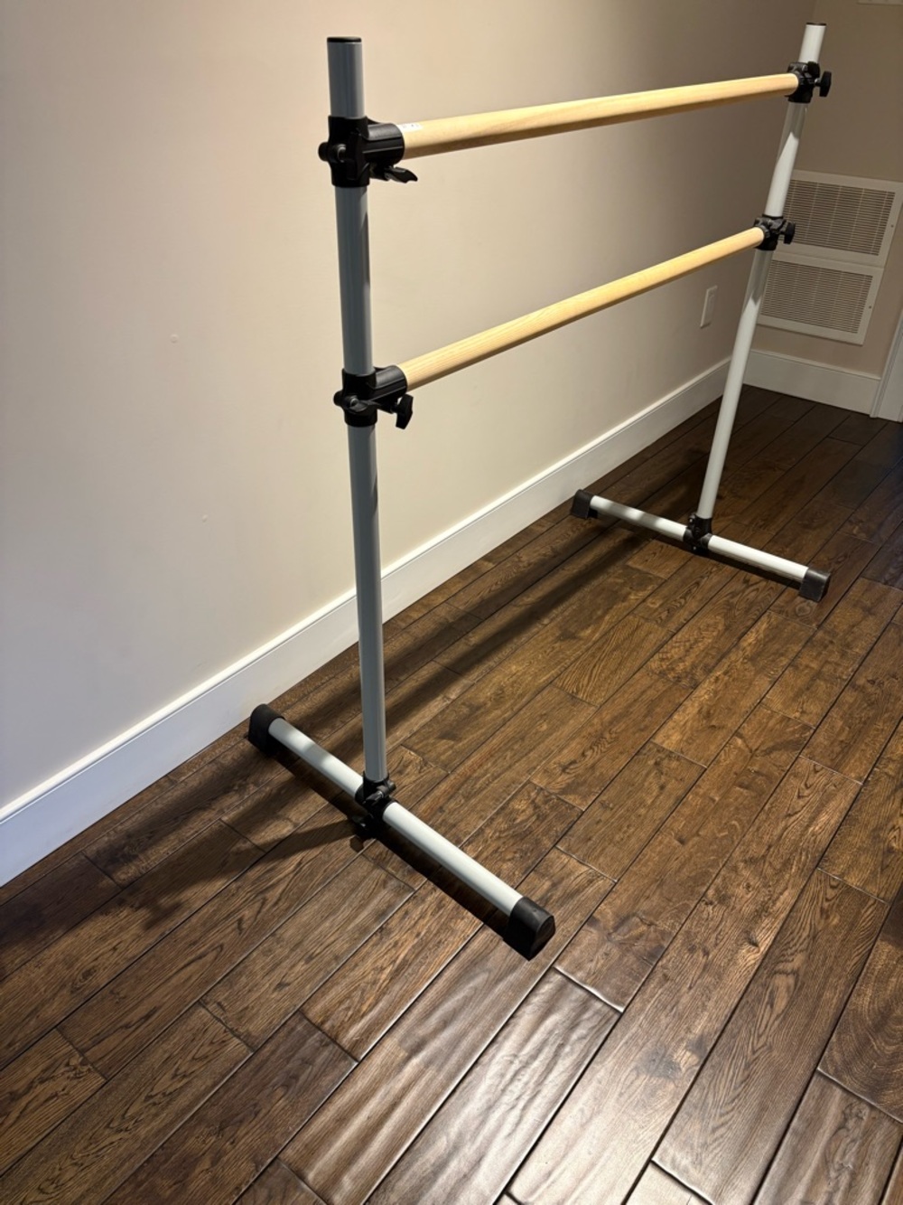 PBT Adjustable Double Ballet Barre - White Frame with Natural Wood Bars